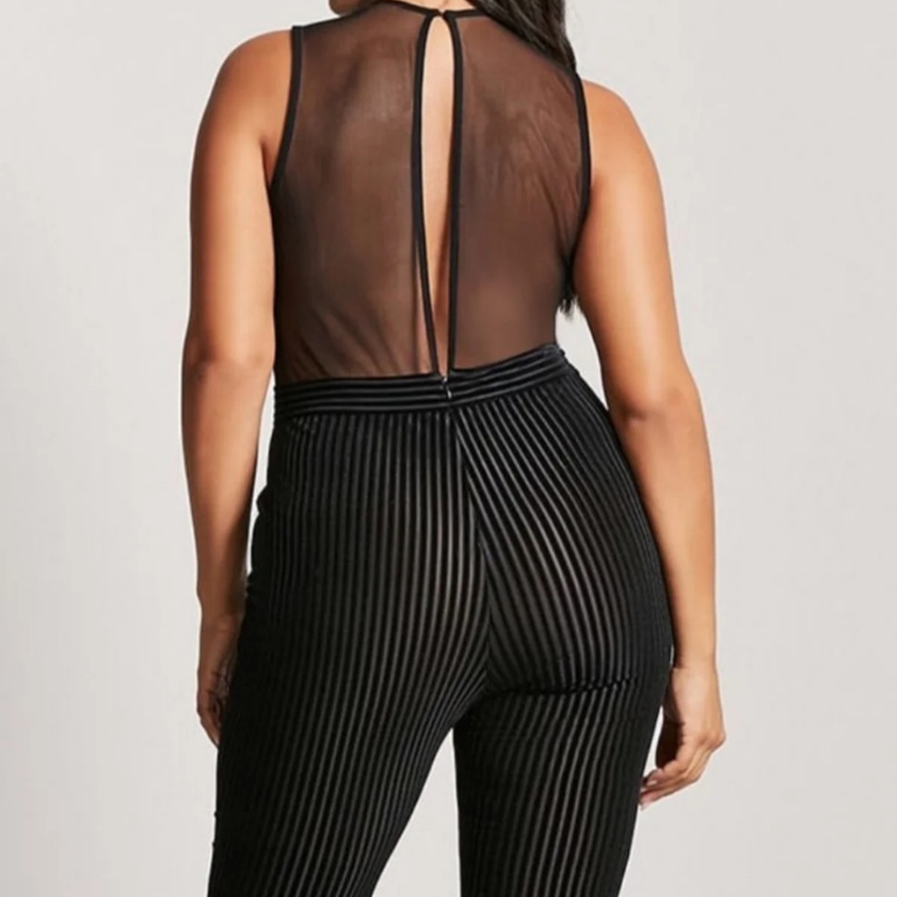 Forever 21+ Black Sheer Mesh Pinstripe Jumpsuit 2X - Picture 3 of 5